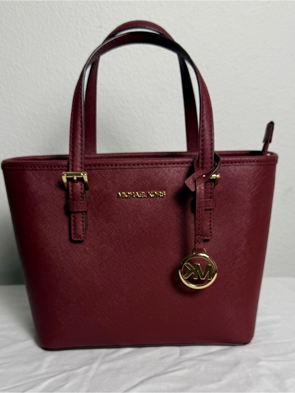 Michael Kors Burgundy Saffiano Leather Satchel with Gold Accent